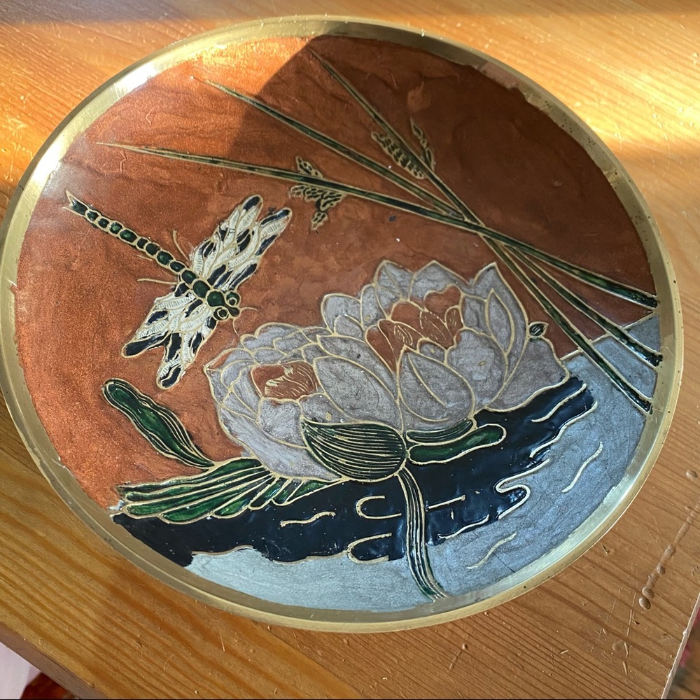 Vintage enameled brass footed bowl decorative dragonfly lily pond